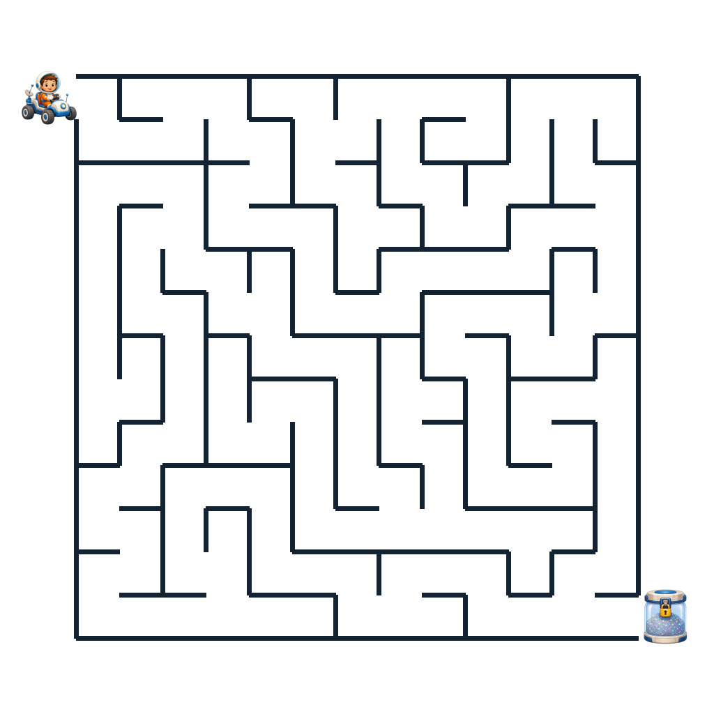 Mika fährt mit seinem Mondbuggy durch ein Mondkrater-Labyrinth zum Mondstaubbehälter