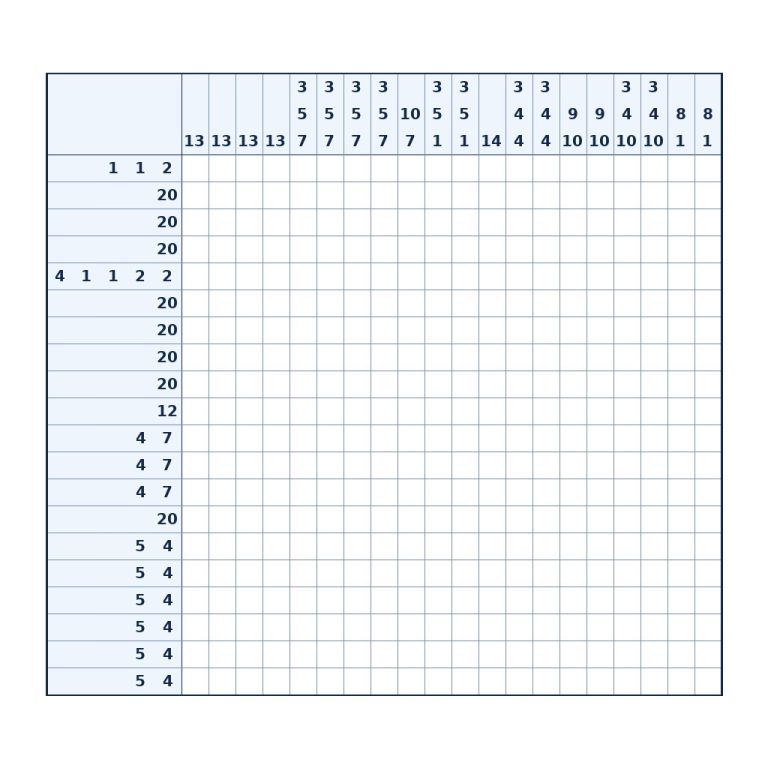Nonogramm mit 20 × 20 Feldern und Zahlenhinweisen