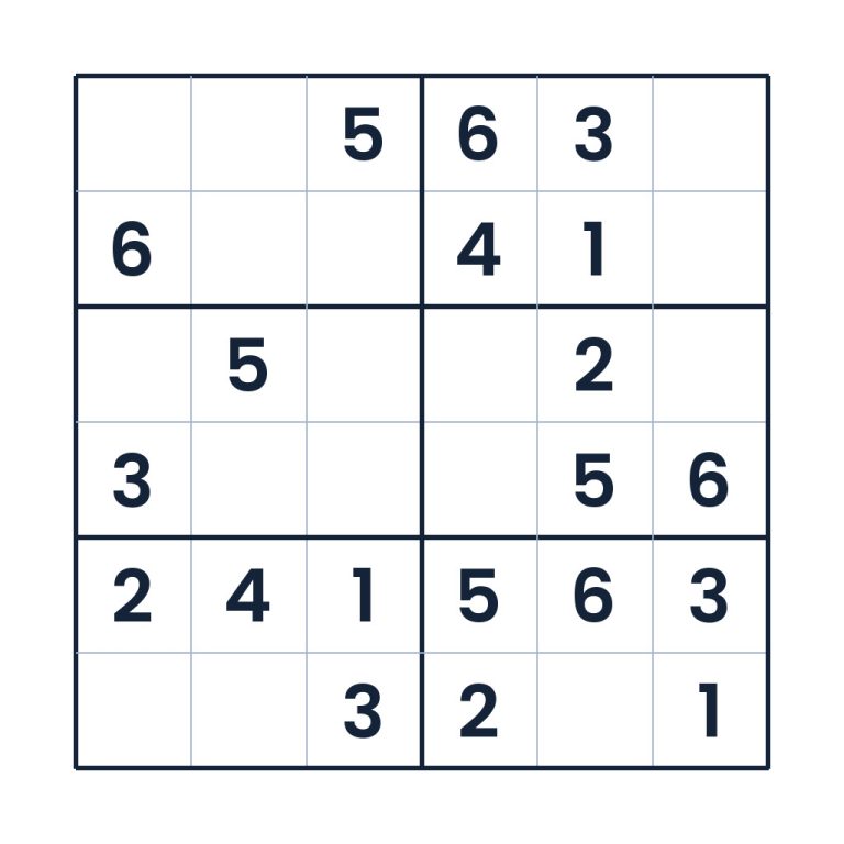 6x6-Sudoku mit Zahlen von 1 bis 6 für Kinder ab 8 Jahren