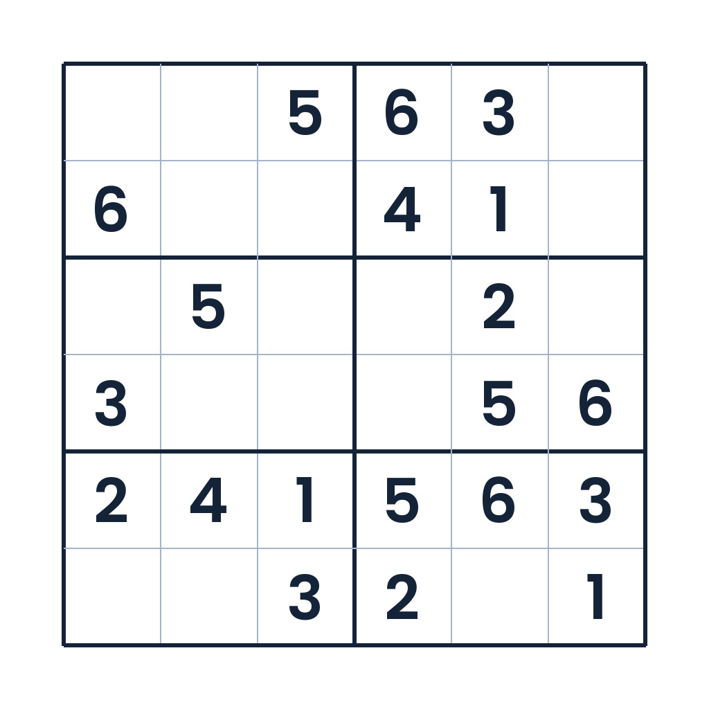 6x6-Sudoku mit Zahlen von 1 bis 6 für Kinder ab 8 Jahren