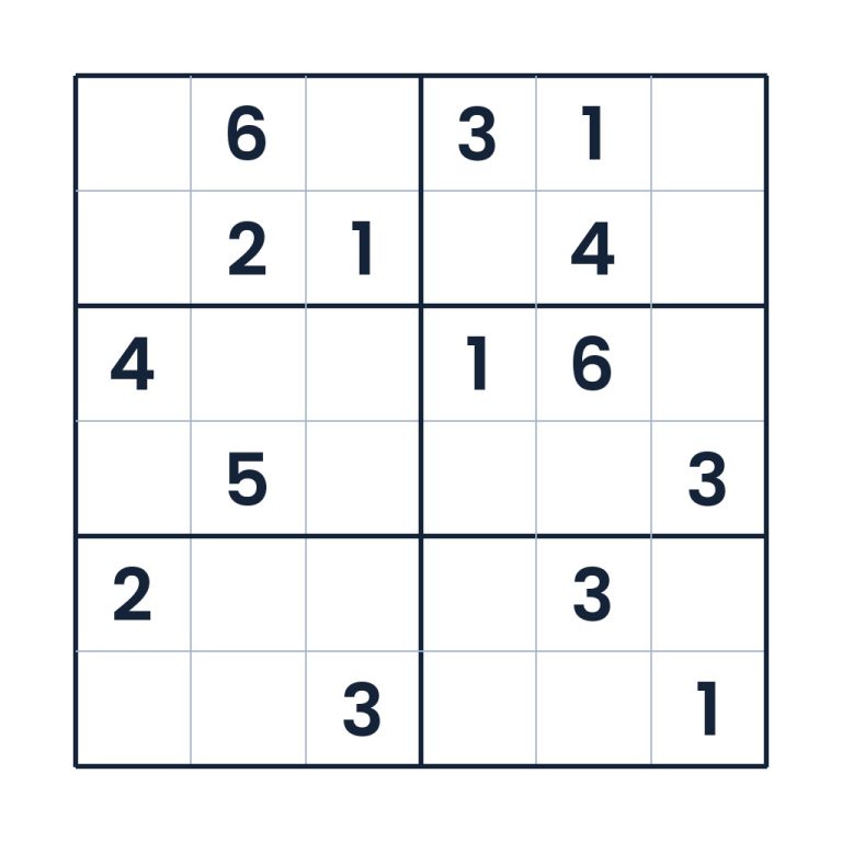 6x6-Sudoku für Kinder ab 8 Jahren mit anspruchsvollen Zahlenfeldern