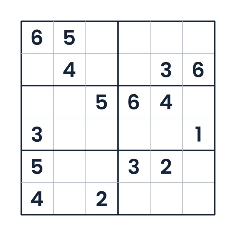 6x6 Sudoku mit Zahlen von 1 bis 6 für Kinder ab 8 Jahren