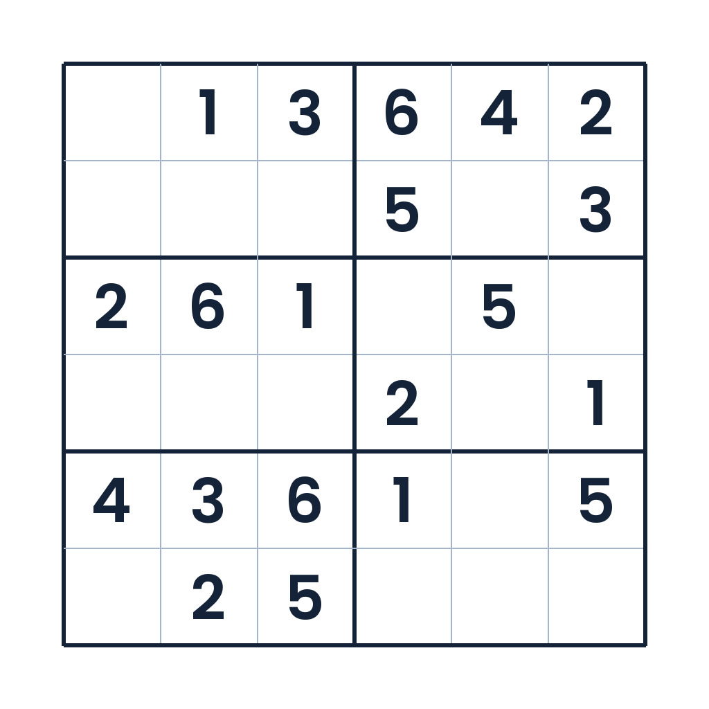 6x6-Sudoku für Kinder ab 8 Jahren mit mittlerem Schwierigkeitsgrad