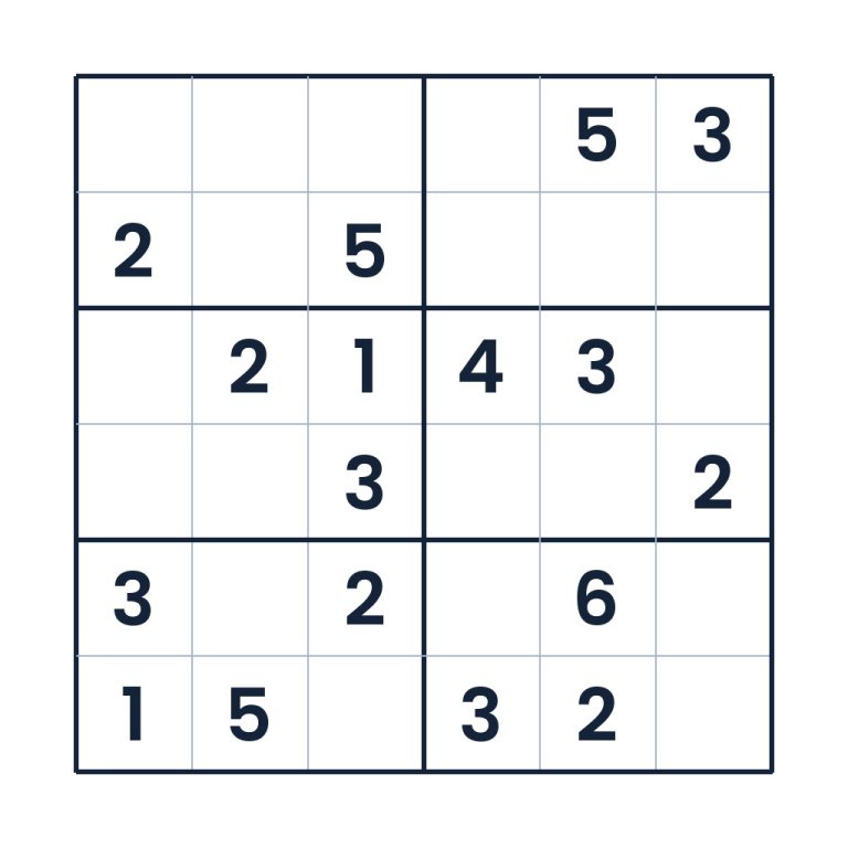 Schweres 6x6-Sudoku für Kinder ab 8 Jahren mit Zahlenfeldern