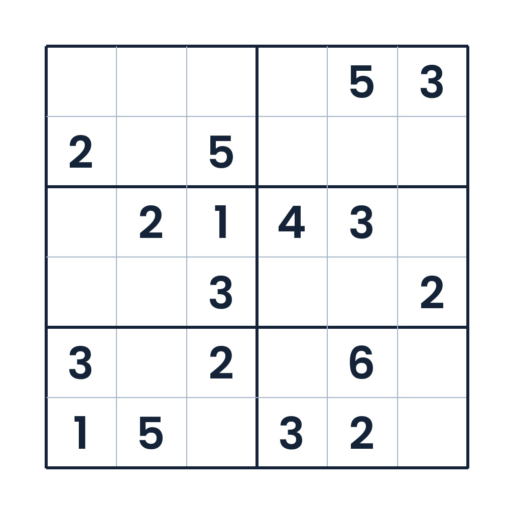 Schweres 6x6-Sudoku für Kinder ab 8 Jahren mit Zahlenfeldern
