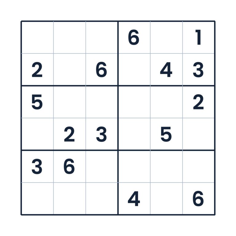 6x6 Sudoku zur Zahlenlogik für Kinder ab 8 Jahren