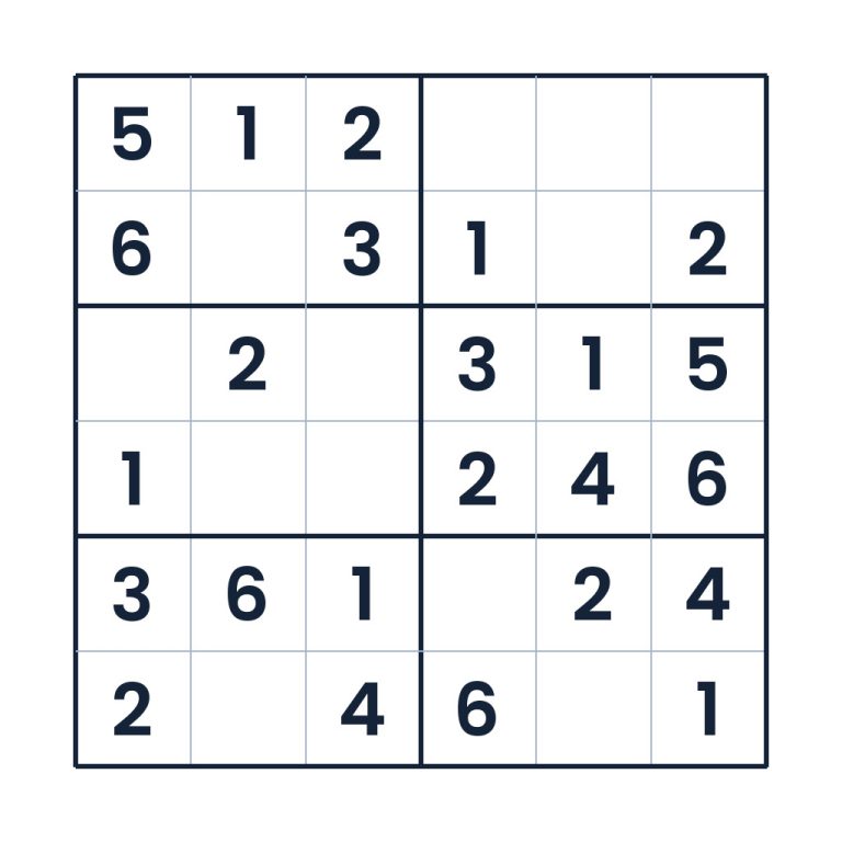 Leichtes 6x6-Zahlenquadrat-Sudoku für Kinder ab 8 Jahren