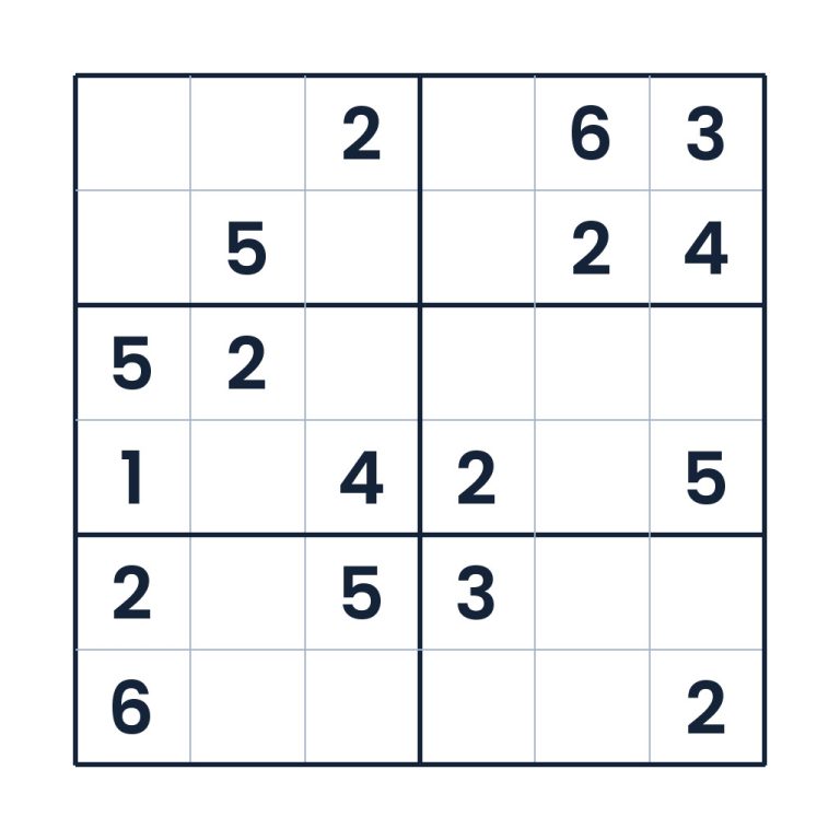 Schweres 6x6-Sudoku für Kinder ab 8 Jahren zum Online-Spielen und Ausdrucken