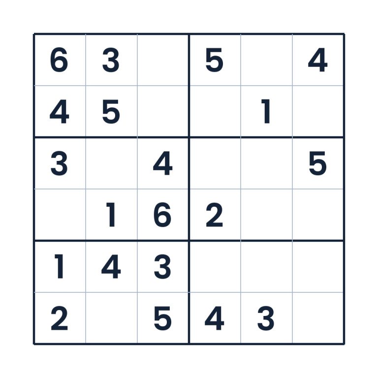 6x6-Sudoku mit Zahlen 1 bis 6 für Kinder ab 8 Jahren