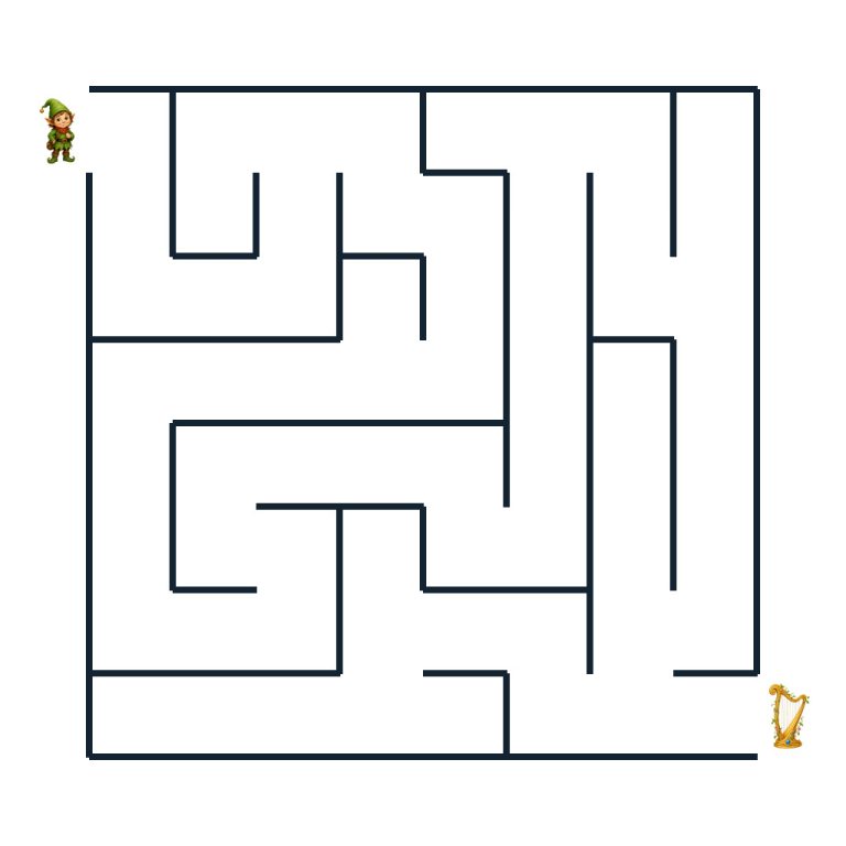 Kleiner Kobold findet den Weg durch ein Märchen-Labyrinth zur Zauberharfe