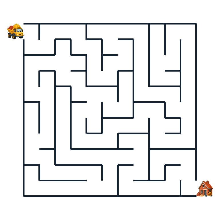 Kinder-Labyrinth mit dem Kipper Mats und einem roten Ziegel auf der Baustelle