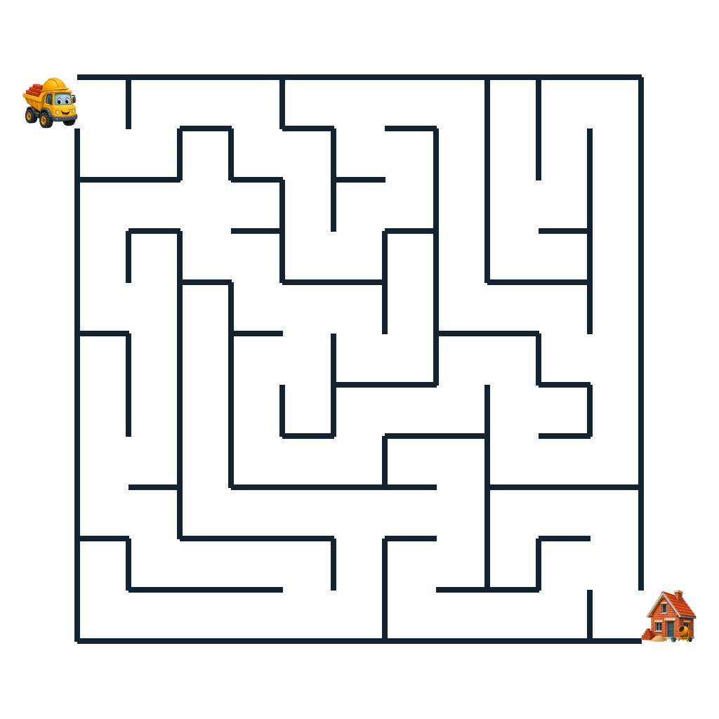 Kinder-Labyrinth mit dem Kipper Mats und einem roten Ziegel auf der Baustelle