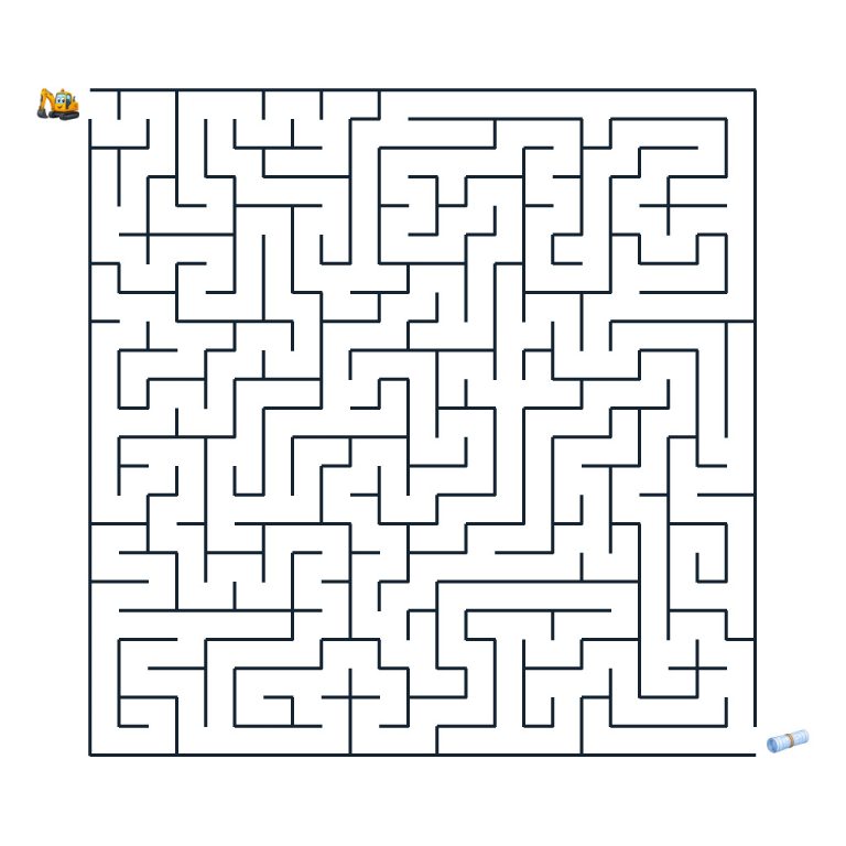 Bagger Bodo fährt durch ein schwieriges Baustellenlabyrinth zum Bauplan