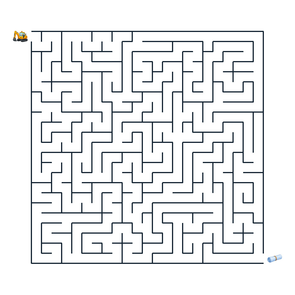Bagger Bodo fährt durch ein schwieriges Baustellenlabyrinth zum Bauplan