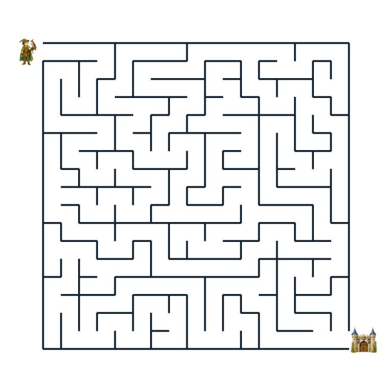 Falkner auf einem verschlungenen Weg zum Burgtor im Ritterburg-Labyrinth