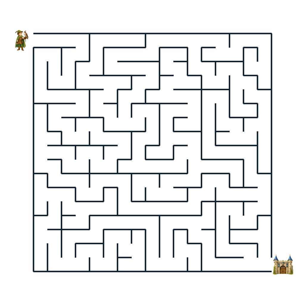 Falkner auf einem verschlungenen Weg zum Burgtor im Ritterburg-Labyrinth