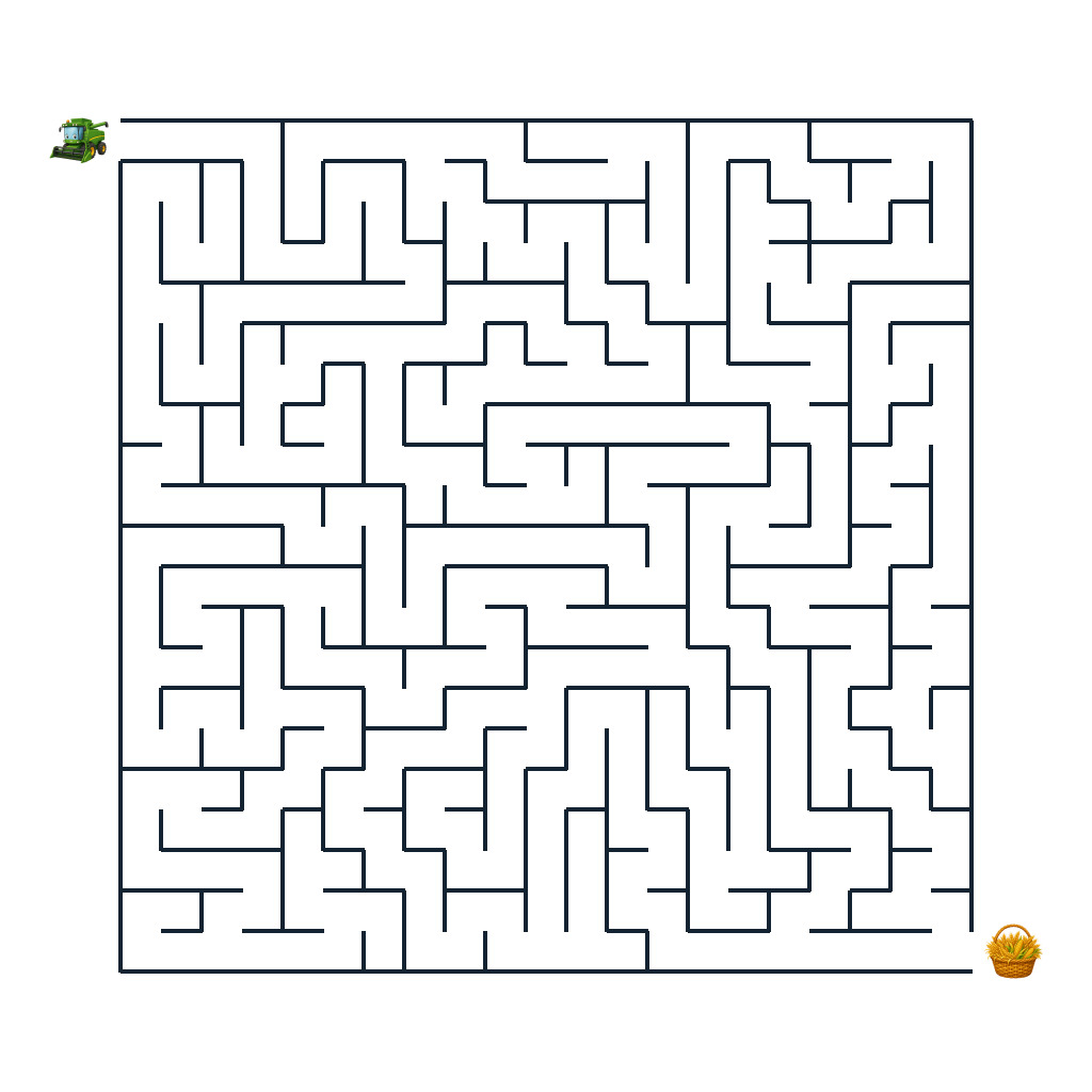 Mähdrescher fährt durch ein kniffliges Bauernhof-Labyrinth zum Kornkorb