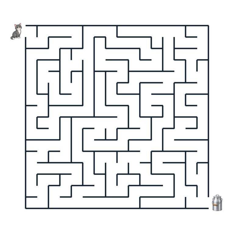 Leichtes Bauernhof-Labyrinth mit einem Hofkater auf dem Weg zu einem Milchfass
