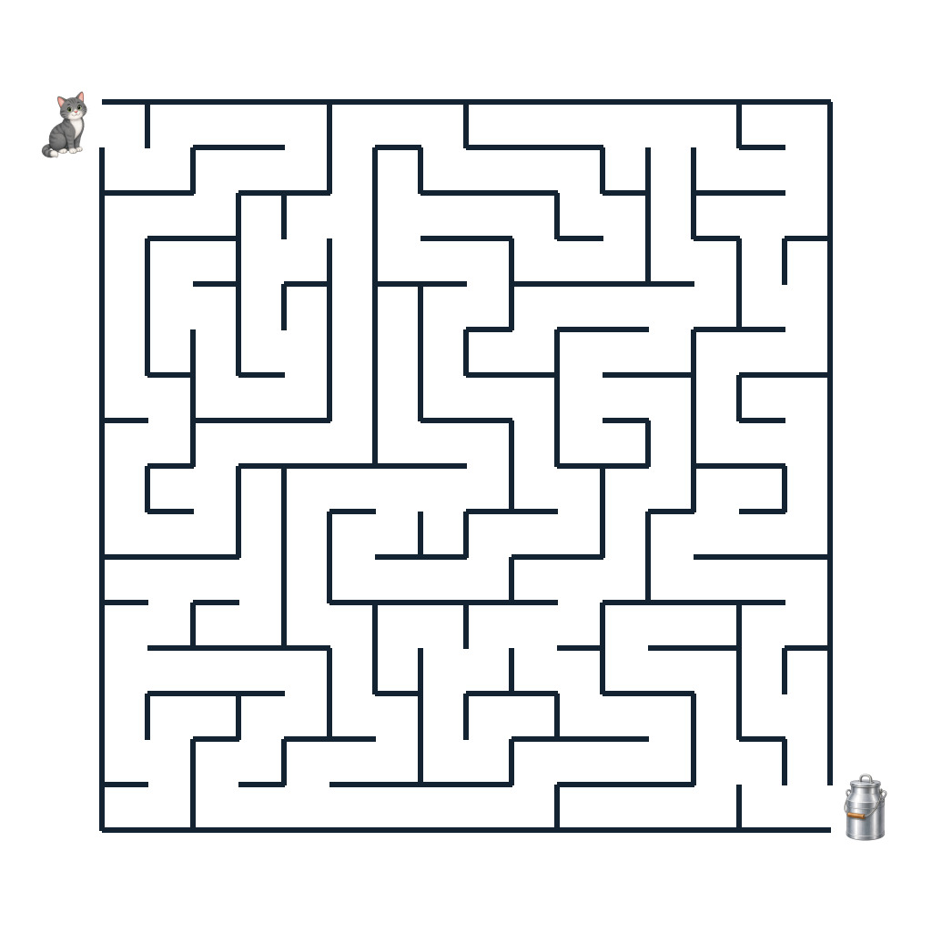 Leichtes Bauernhof-Labyrinth mit einem Hofkater auf dem Weg zu einem Milchfass