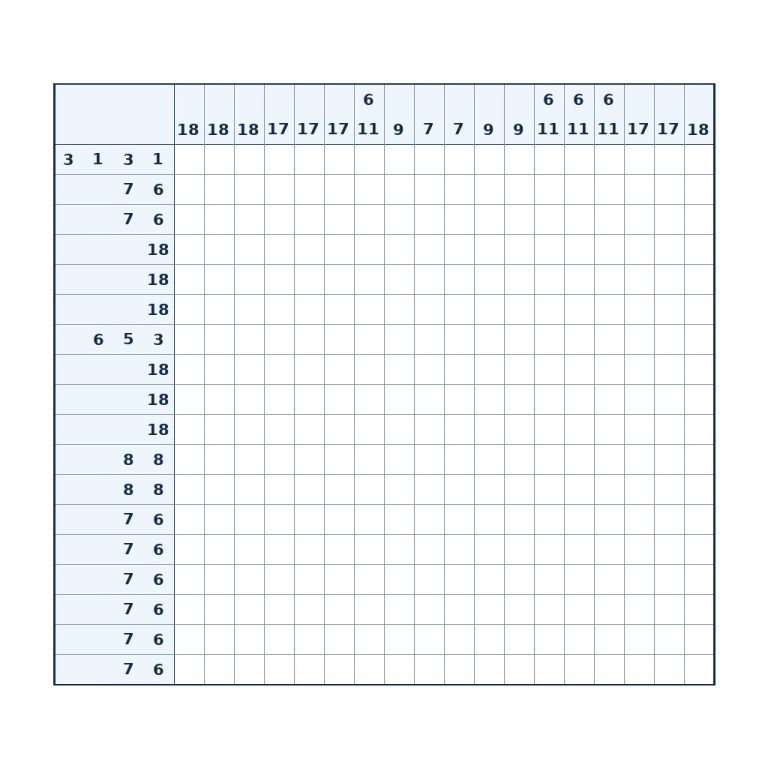 Nonogramm mit 18 × 18 Feldern und Zahlenhinweisen