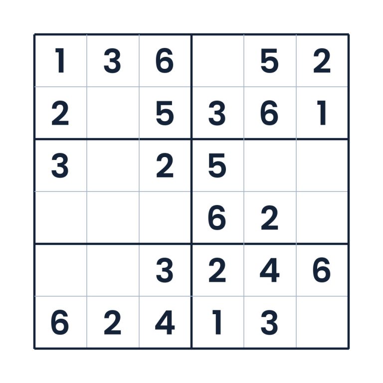 Leichtes 6x6-Sudoku für Kinder ab 8 Jahren mit Zahlen von 1 bis 6