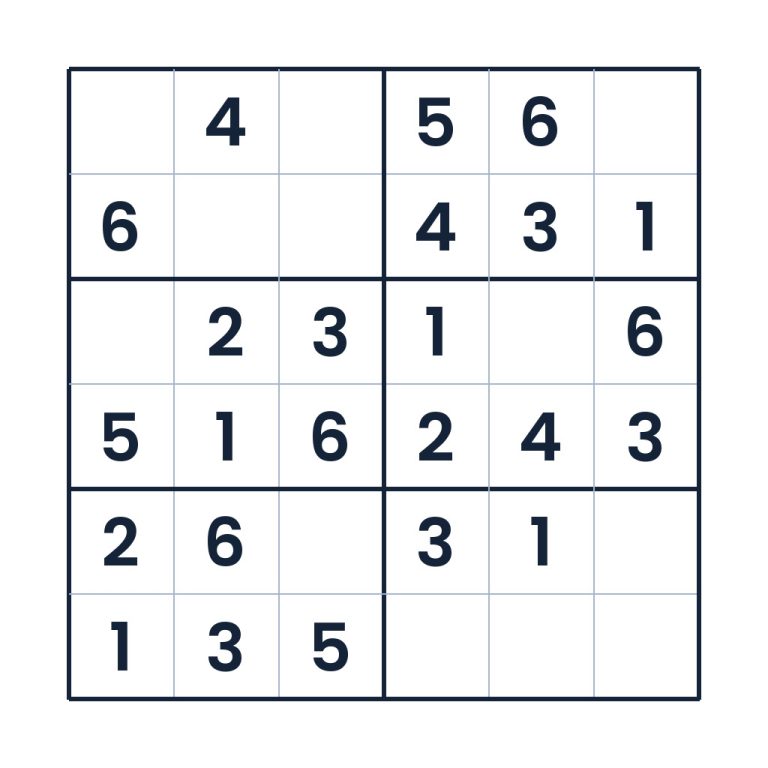 Leichtes 6x6-Kinder-Sudoku mit Zahlenlücken zum Online-Lösen