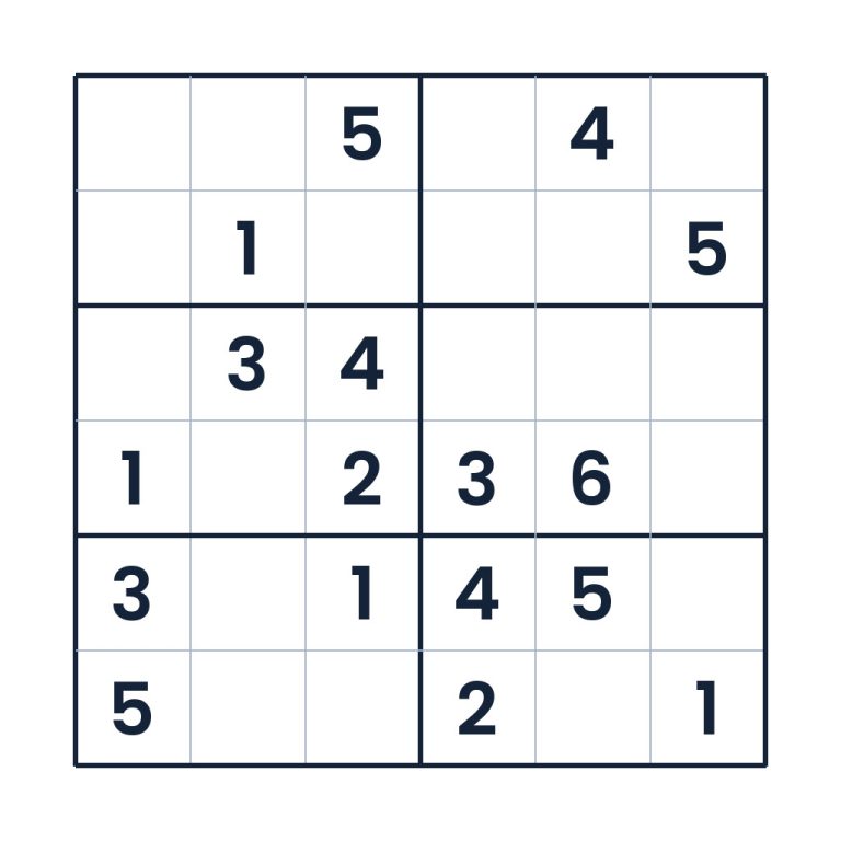 Schweres 6x6-Sudoku mit Zahlen von 1 bis 6 für Kinder ab 8 Jahren