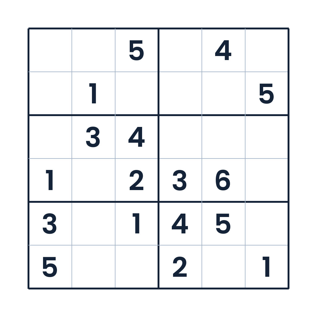 Schweres 6x6-Sudoku mit Zahlen von 1 bis 6 für Kinder ab 8 Jahren