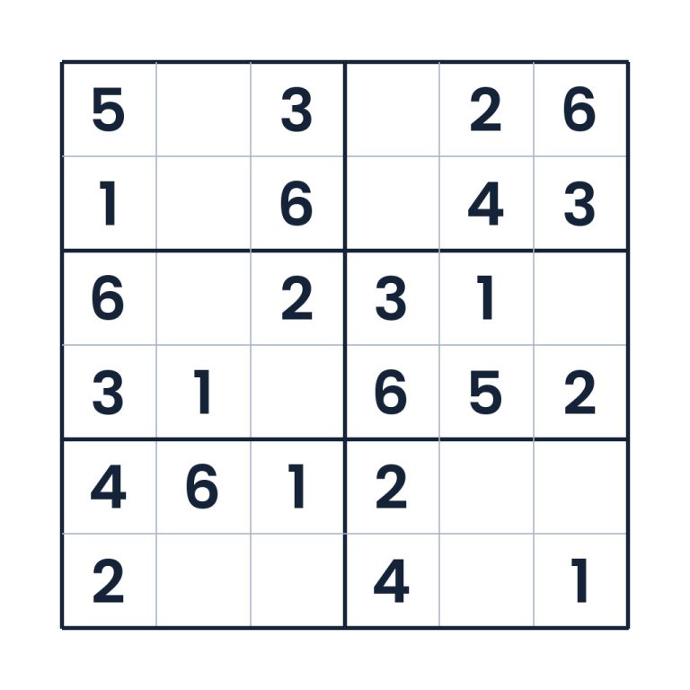 Leichtes 6x6-Sudoku mit Zahlen 1 bis 6 für Kinder ab 8 Jahren