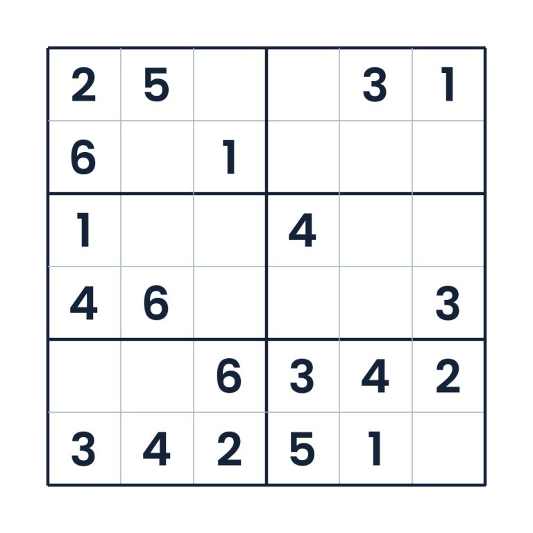 Mittelschweres 6x6-Kinder-Sudoku mit Zahlen von 1 bis 6